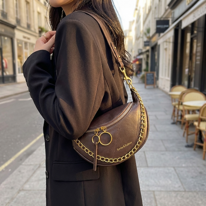 Women's Saddle Crossbody Bag – Small PU Leather Shoulder Purse with Detachable Chain Strap & Zipper Closure