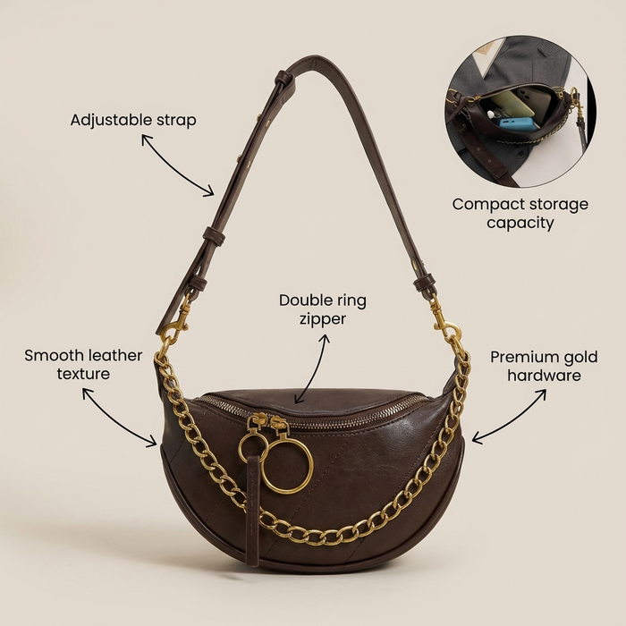 Women's Saddle Crossbody Bag – Small PU Leather Shoulder Purse with Detachable Chain Strap & Zipper Closure