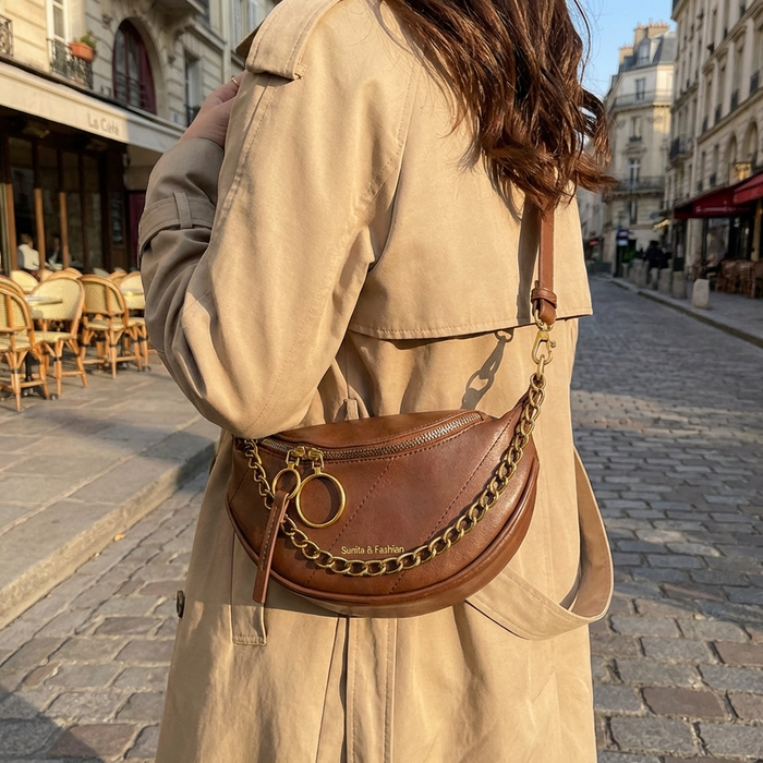 Women's Saddle Crossbody Bag – Small PU Leather Shoulder Purse with Detachable Chain Strap & Zipper Closure