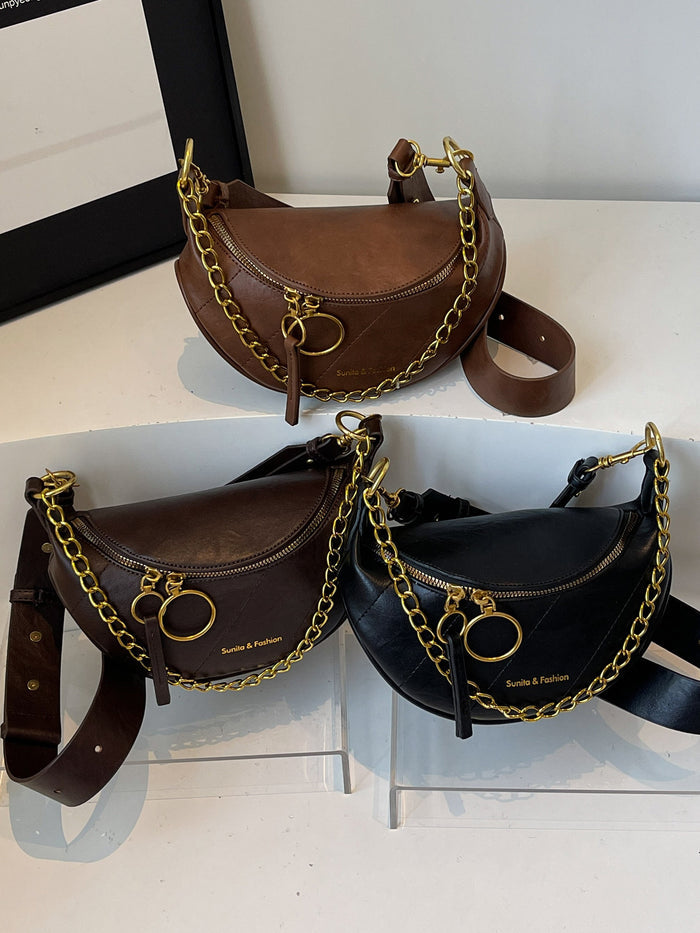 Women's Saddle Crossbody Bag – Small PU Leather Shoulder Purse with Detachable Chain Strap & Zipper Closure
