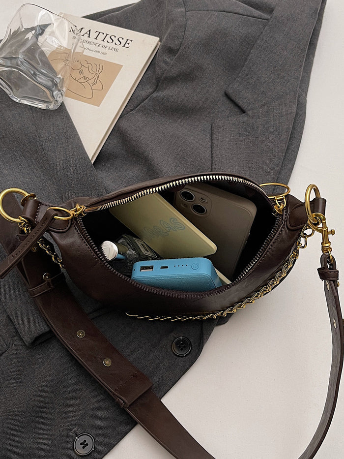 Women's Saddle Crossbody Bag – Small PU Leather Shoulder Purse with Detachable Chain Strap & Zipper Closure