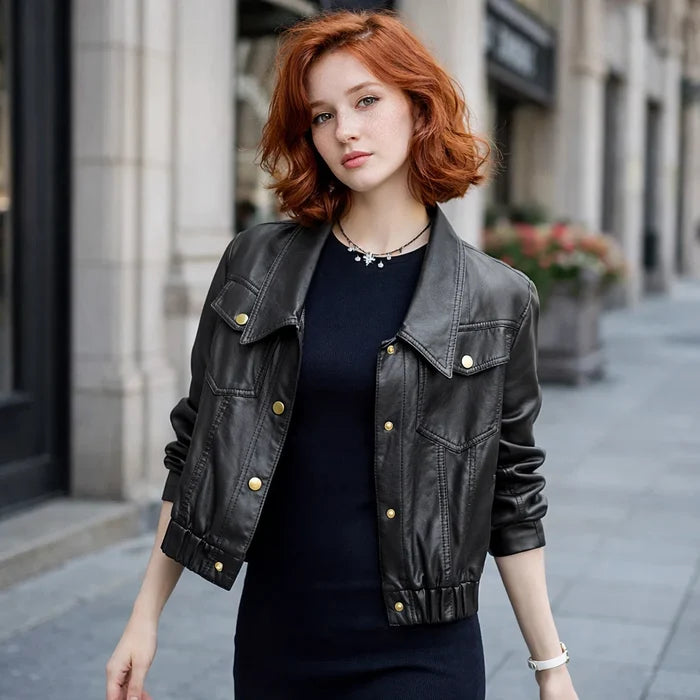 Women's Short Goatskin Leather Jacket – Genuine Leather Lapel Single-Breasted Cropped Urban Coat, M–2XL, 3 Colors