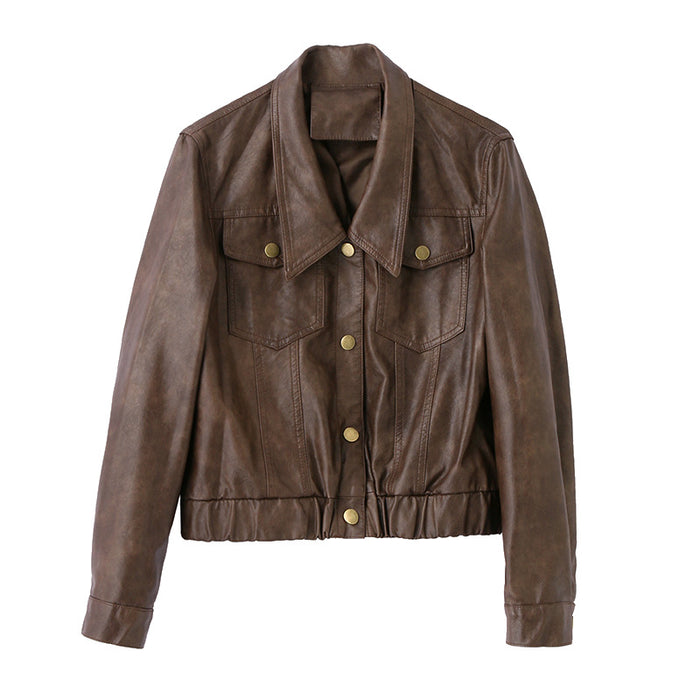 Women's Short Goatskin Leather Jacket – Genuine Leather Lapel Single-Breasted Cropped Urban Coat, M–2XL, 3 Colors