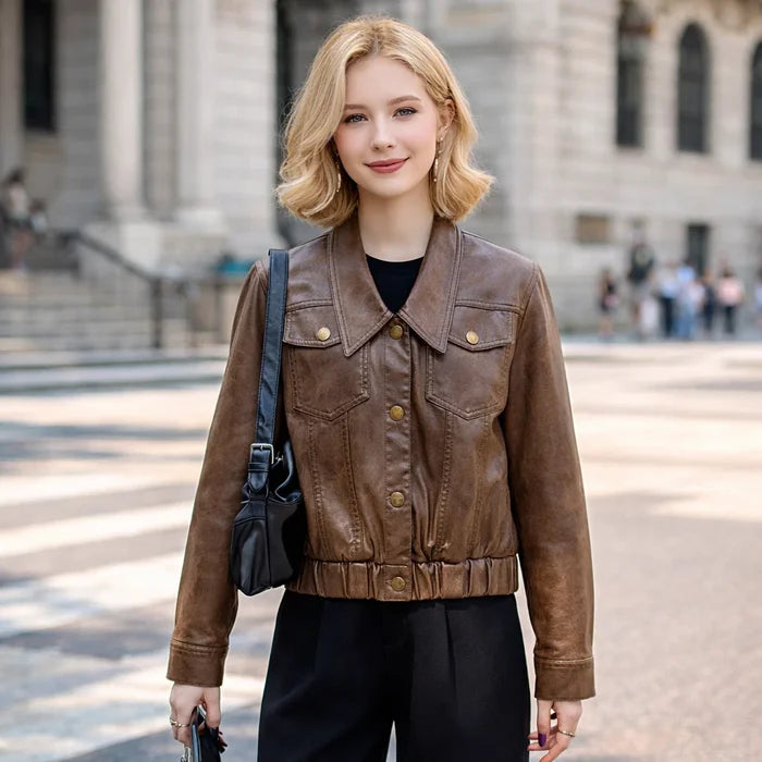 Women's Short Goatskin Leather Jacket – Genuine Leather Lapel Single-Breasted Cropped Urban Coat, M–2XL, 3 Colors