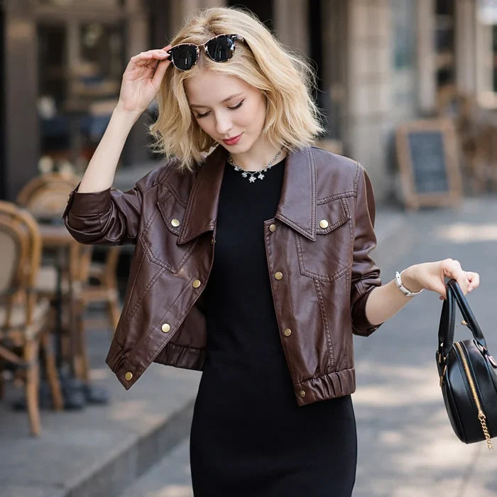 Women's Short Goatskin Leather Jacket – Genuine Leather Lapel Single-Breasted Cropped Urban Coat, M–2XL, 3 Colors