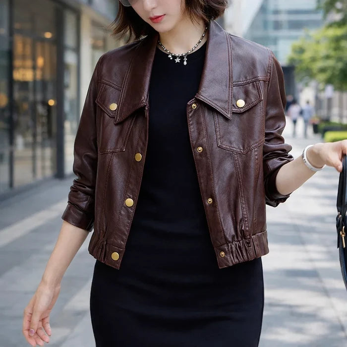 Women's Short Goatskin Leather Jacket – Genuine Leather Lapel Single-Breasted Cropped Urban Coat, M–2XL, 3 Colors