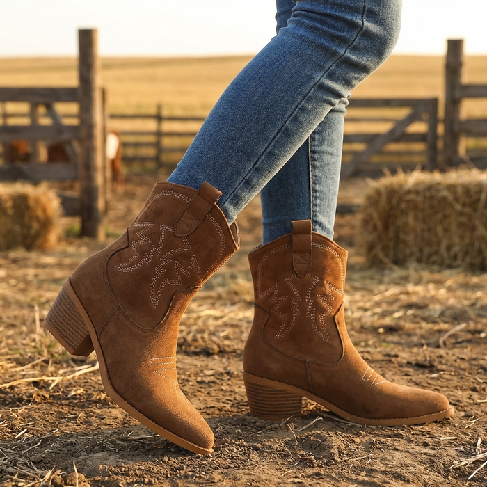 Women's Short Western Cowboy Boots – Suede Pointed Toe Thick Heel Slip-On