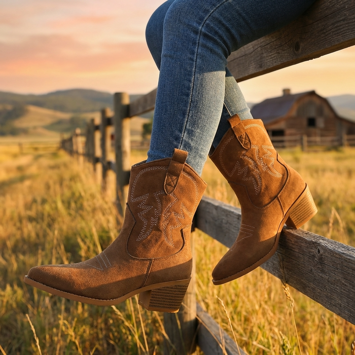 Women's Short Western Cowboy Boots – Suede Pointed Toe Thick Heel Slip-On