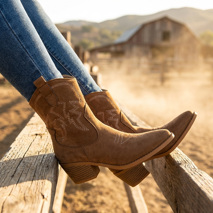 Women's Short Western Cowboy Boots – Suede Pointed Toe Thick Heel Slip-On