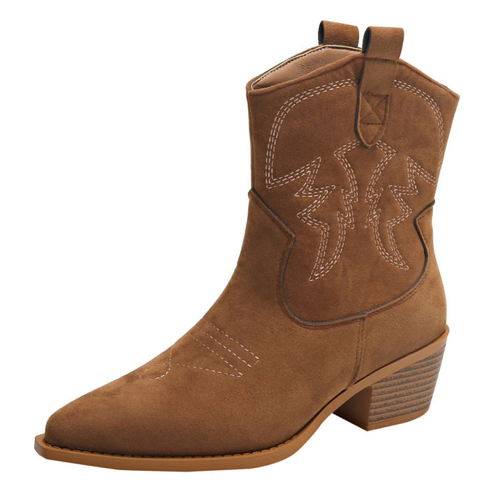Women's Short Western Cowboy Boots – Suede Pointed Toe Thick Heel Slip-On