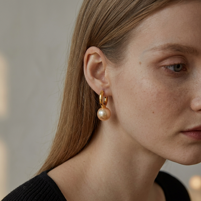 Women's Simple Large Pearl Hoop Earrings – French Style Gold & Silver Plated Minimalist Statement Jewelry