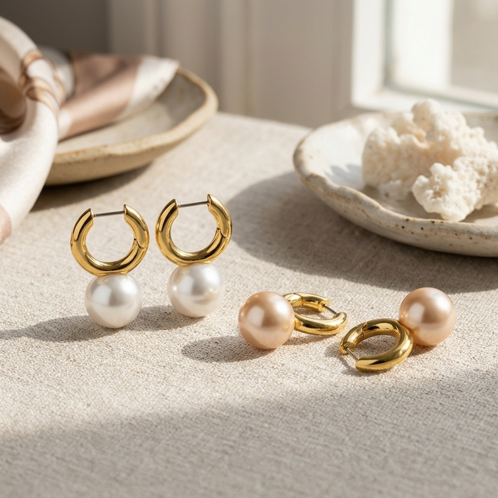 Women's Simple Large Pearl Hoop Earrings – French Style Gold & Silver Plated Minimalist Statement Jewelry