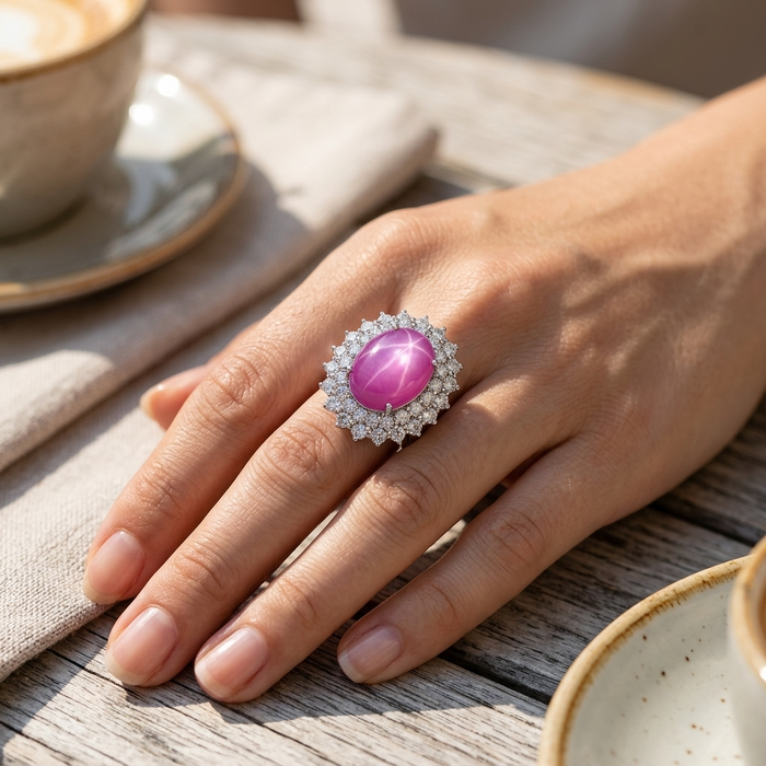 Women's Six-Ray Star Natural Ruby Sterling Silver Ring