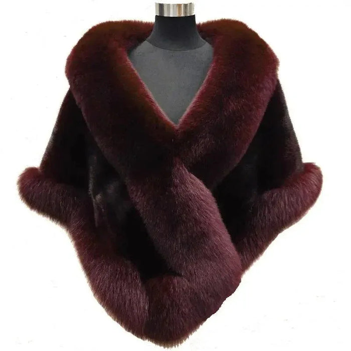 Women's Sleeveless Shawl Imitation Mink Fur Cape Coat Plus Size in White, Black, Wine Red, Gray Black - Allen-Fitness