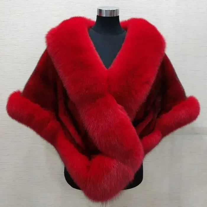 Women's Sleeveless Shawl Imitation Mink Fur Cape Coat Plus Size in White, Black, Wine Red, Gray Black - Allen-Fitness