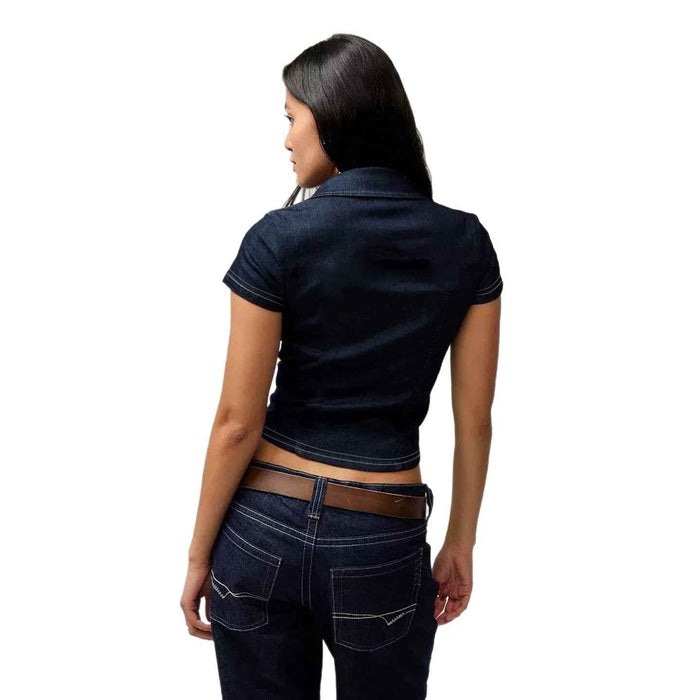 Women's Slim-Fit Asymmetrical Denim Cowboy Shirt – Short Sleeve, Dark Blue, Sizes S–L