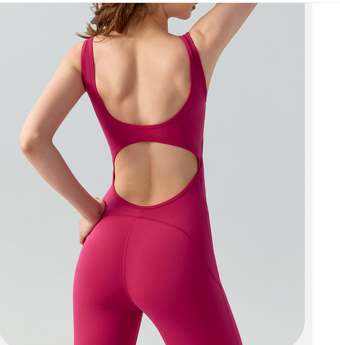 Women's Slim Fit Yoga Bodysuit – Breathable Quick-Dry Gym Jumpsuit with Hollow Back & Built-In Pads