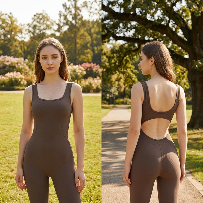 Women's Slim Fit Yoga Bodysuit – Breathable Quick-Dry Gym Jumpsuit with Hollow Back & Built-In Pads