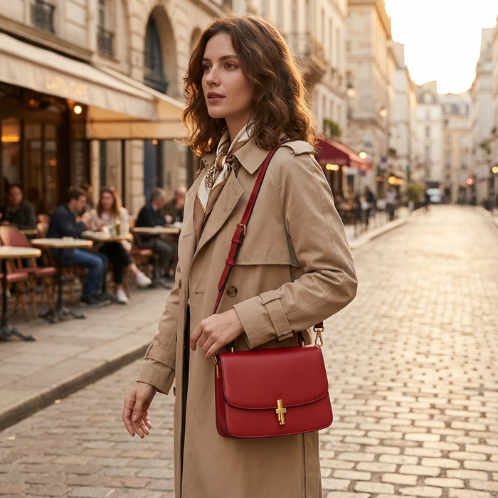 Women's Small Square Handbag – PU Leather Structured Bag with Metal Buckle, Crossbody & Shoulder Strap