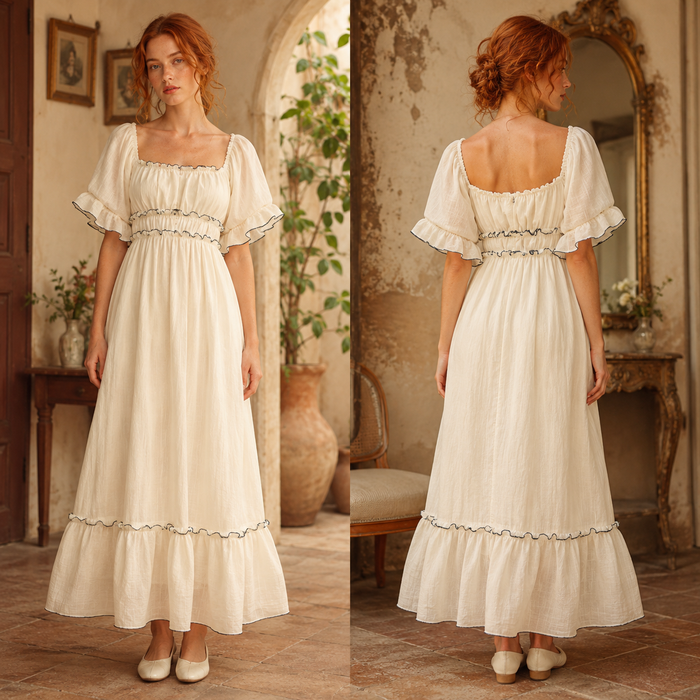 Women's Solid Color A-Line Mid-Length Dress – High Waist Lotus Leaf Sleeve U-Neck