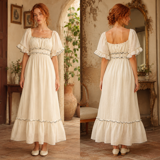 Women's Solid Color A-Line Mid-Length Dress – High Waist Lotus Leaf Sleeve U-Neck