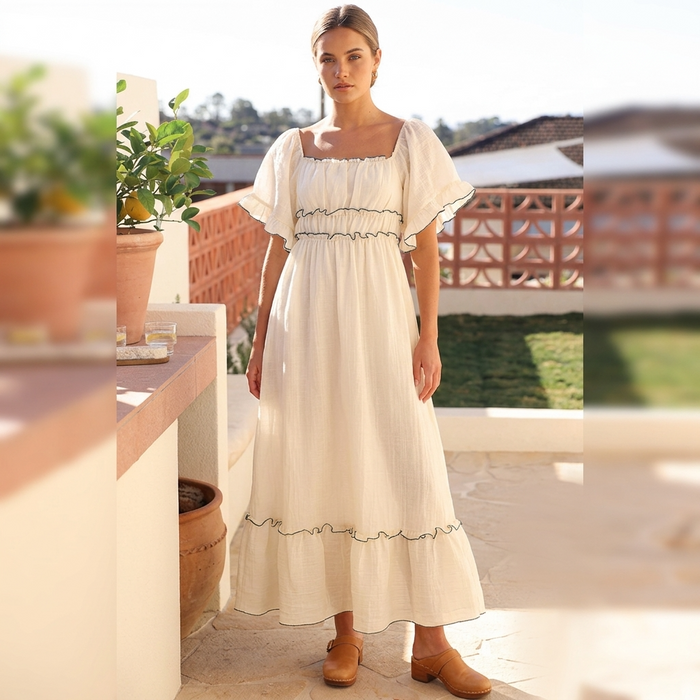 Women's Solid Color A-Line Mid-Length Dress – High Waist Lotus Leaf Sleeve U-Neck
