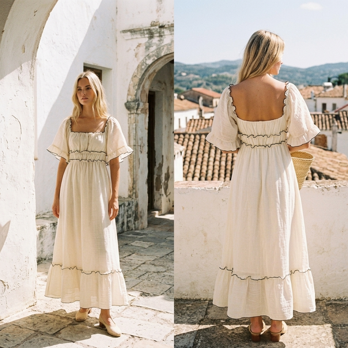 Women's Solid Color A-Line Mid-Length Dress – High Waist Lotus Leaf Sleeve U-Neck