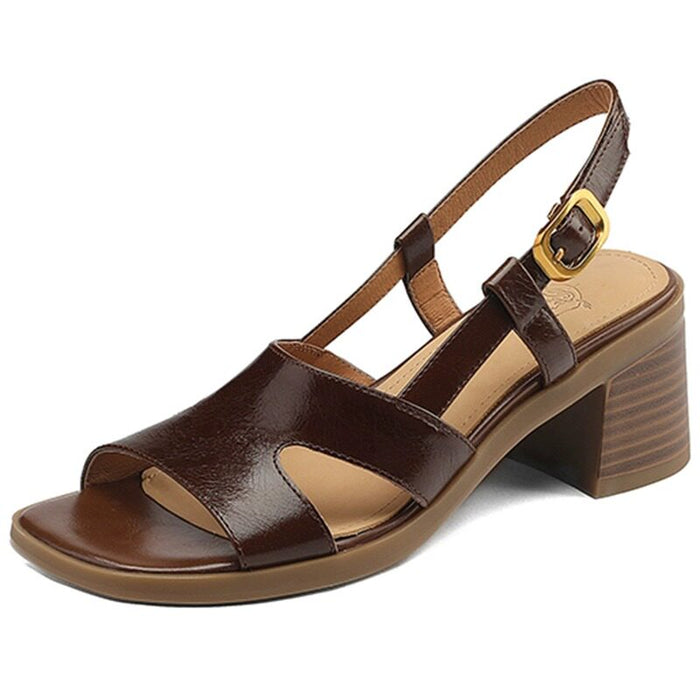 Women's Split Leather Square-Toe Chunky Heel Sandals