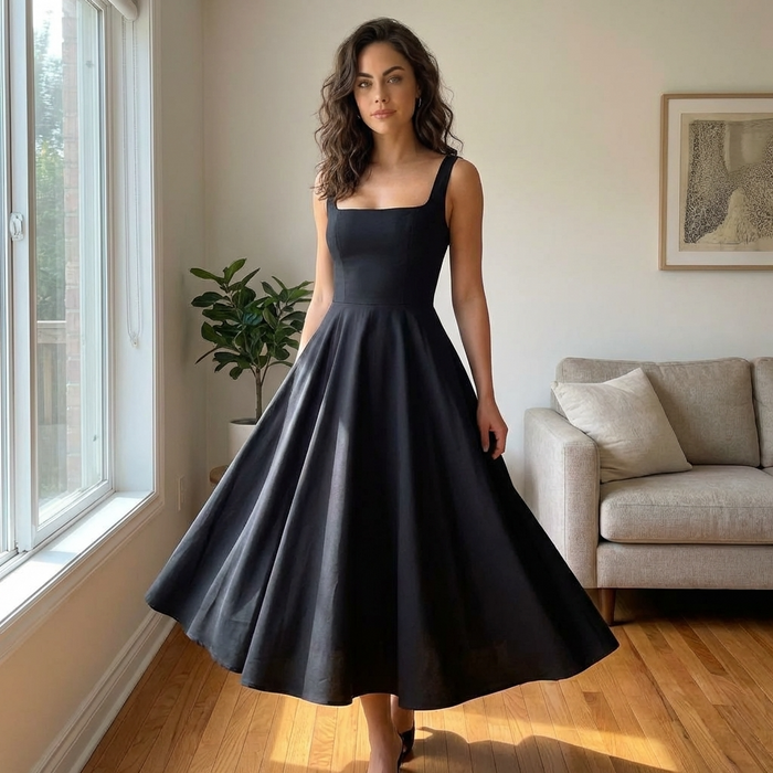 Women's Square Neck Sleeveless Waist Sling Dress – Elegant High Waist Slip Maxi Dress with Slim Fit & Solid Color Chic Style