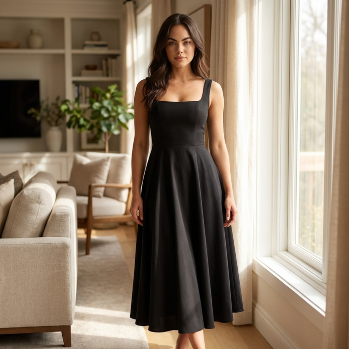 Women's Square Neck Sleeveless Waist Sling Dress – Elegant High Waist Slip Maxi Dress with Slim Fit & Solid Color Chic Style