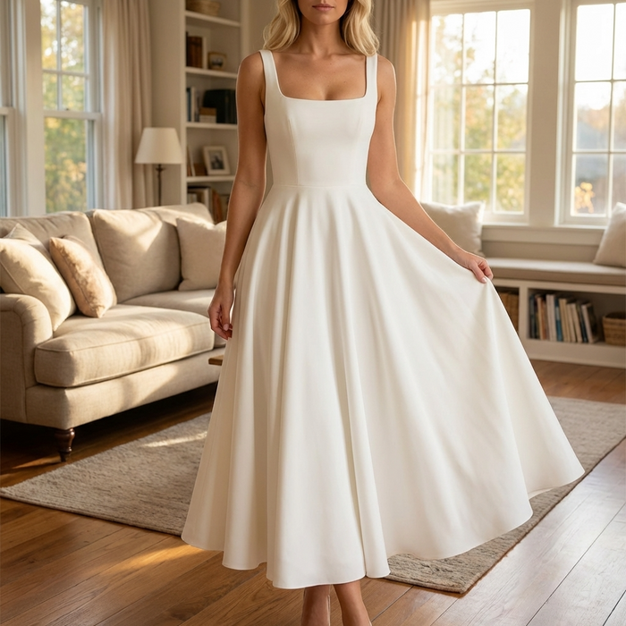 Women's Square Neck Sleeveless Waist Sling Dress – Elegant High Waist Slip Maxi Dress with Slim Fit & Solid Color Chic Style