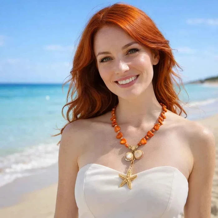 Women's Starfish and Shell Pendant Necklace – Boho Beach Clavicle Chain