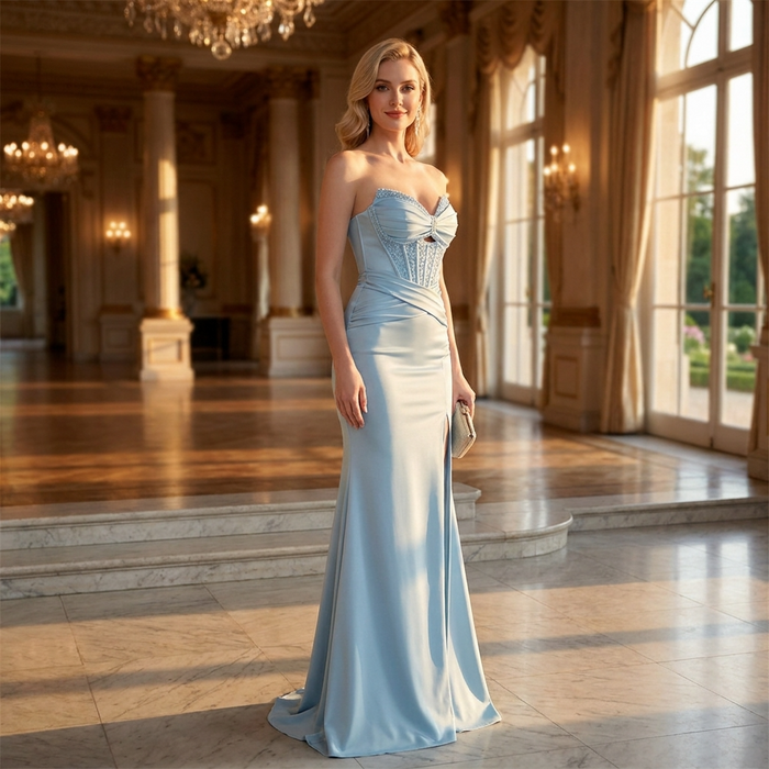 Women's Strapless Corset Evening Gown – Beaded Lace Satin Slim Fit Maxi Dress for Formal & Party