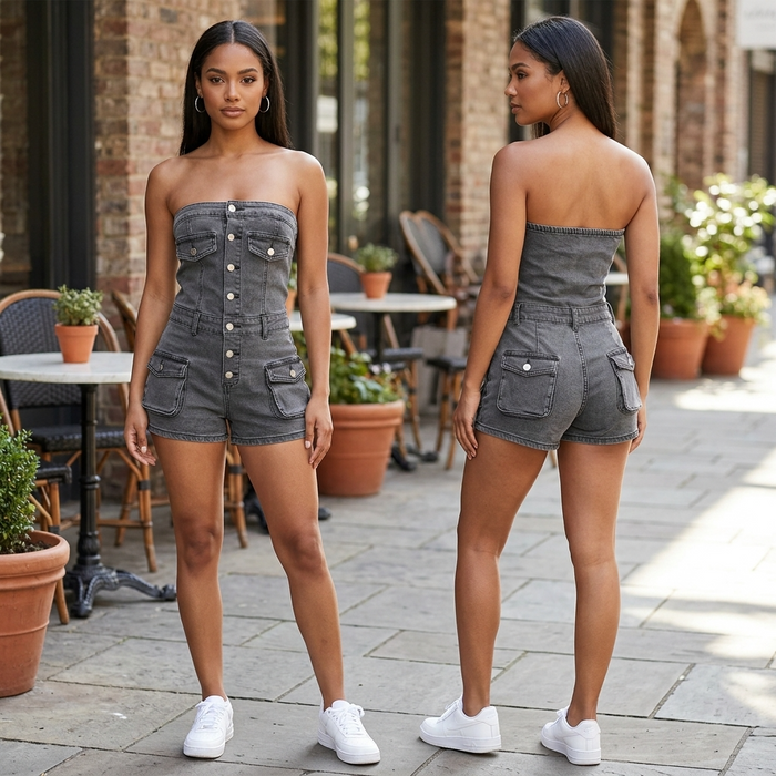 Women's Stretch Denim Jumpsuit – Sleeveless Three-Quarter Street Style