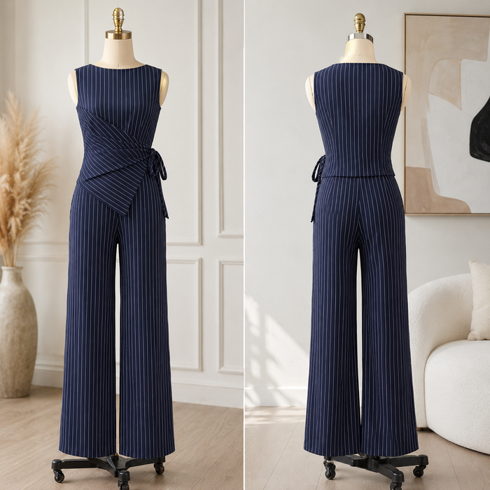 Women's Striped Sleeveless Asymmetrical Top & Straight-Leg Pants Suit