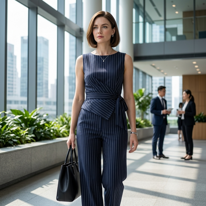 Women's Striped Sleeveless Asymmetrical Top & Straight-Leg Pants Suit