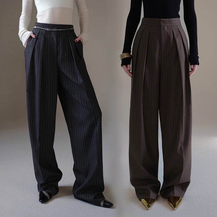 Women's Striped Suit Baggy Pants – Wide-Leg Nine-Point Retro High Street Trousers