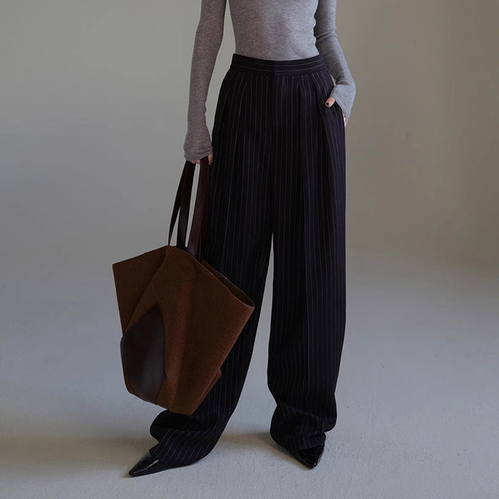 Women's Striped Suit Baggy Pants – Wide-Leg Nine-Point Retro High Street Trousers