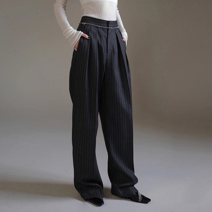 Women's Striped Suit Baggy Pants – Wide-Leg Nine-Point Retro High Street Trousers