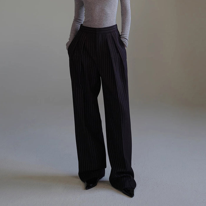 Women's Striped Suit Baggy Pants – Wide-Leg Nine-Point Retro High Street Trousers
