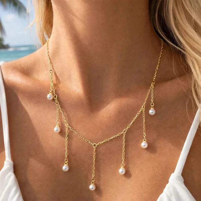 Women's Tassel Pearl Necklace – Elegant Drop-Shaped Imitation Pearl Pendant Long Chain, 51–60cm, Gold & Silver