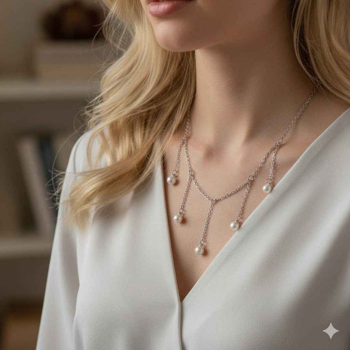 Women's Tassel Pearl Necklace – Elegant Drop-Shaped Imitation Pearl Pendant Long Chain, 51–60cm, Gold & Silver