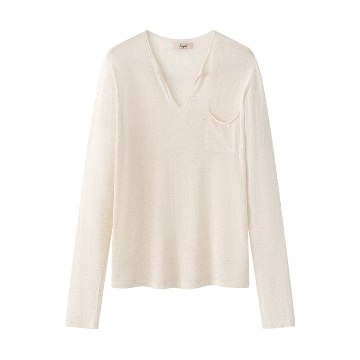 Women's Tencel Linen Blend V-Neck Long Sleeve Top – Loose Fit UV-Protection Pullover