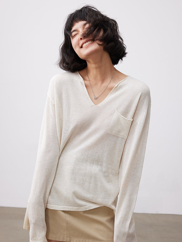 Women's Tencel Linen Blend V-Neck Long Sleeve Top – Loose Fit UV-Protection Pullover