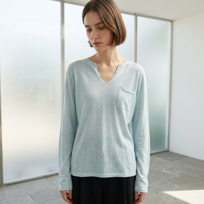 Women's Tencel Linen Blend V-Neck Long Sleeve Top – Loose Fit UV-Protection Pullover