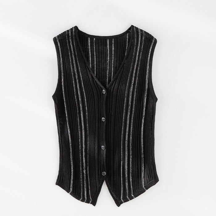 Women's Tencel Linen V-Neck Knitted Vest – Slim Fit Sleeveless Layering Top