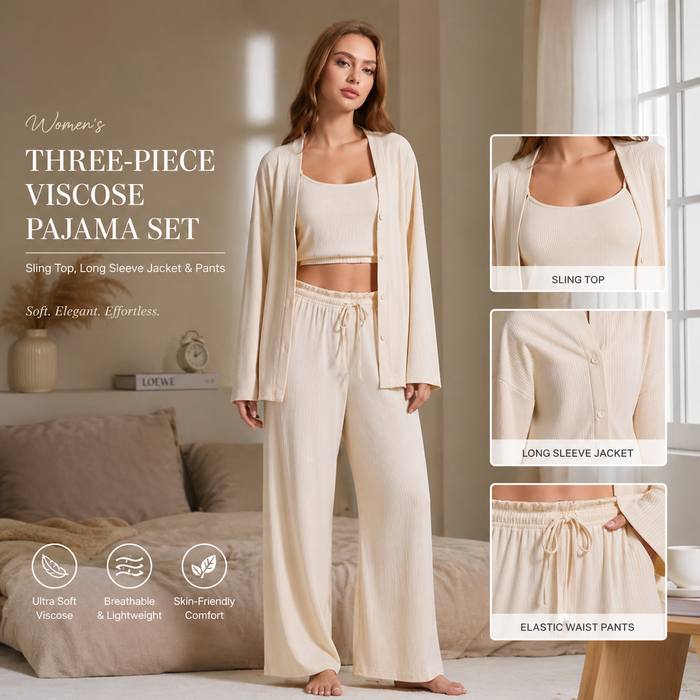 Women's Three-Piece Viscose Pajama Set – Sling Top, Long Sleeve Jacket & Pants, Soft Breathable Lounge Sleepwear