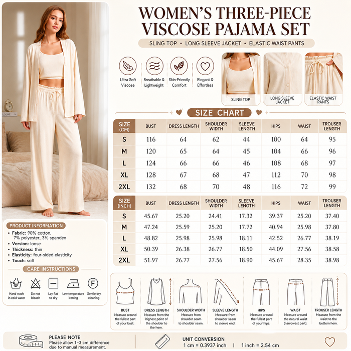 Women's Three-Piece Viscose Pajama Set – Sling Top, Long Sleeve Jacket & Pants, Soft Breathable Lounge Sleepwear