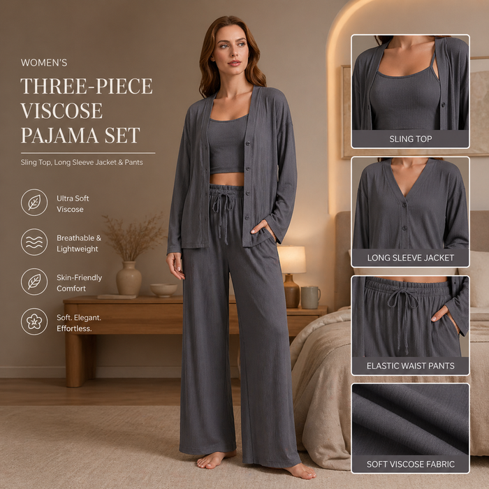 Women's Three-Piece Viscose Pajama Set – Sling Top, Long Sleeve Jacket & Pants, Soft Breathable Lounge Sleepwear
