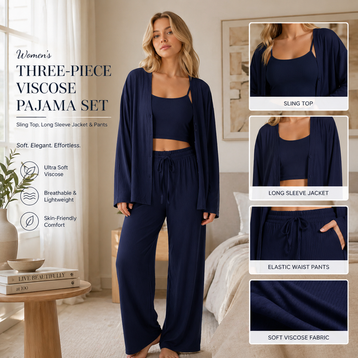 Women's Three-Piece Viscose Pajama Set – Sling Top, Long Sleeve Jacket & Pants, Soft Breathable Lounge Sleepwear